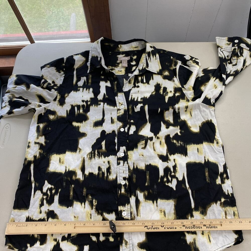 Chicos Top Size 3 Black Abstract Print Button Up Lightweight Neutral Artsy XL 1X - Picture 11 of 14